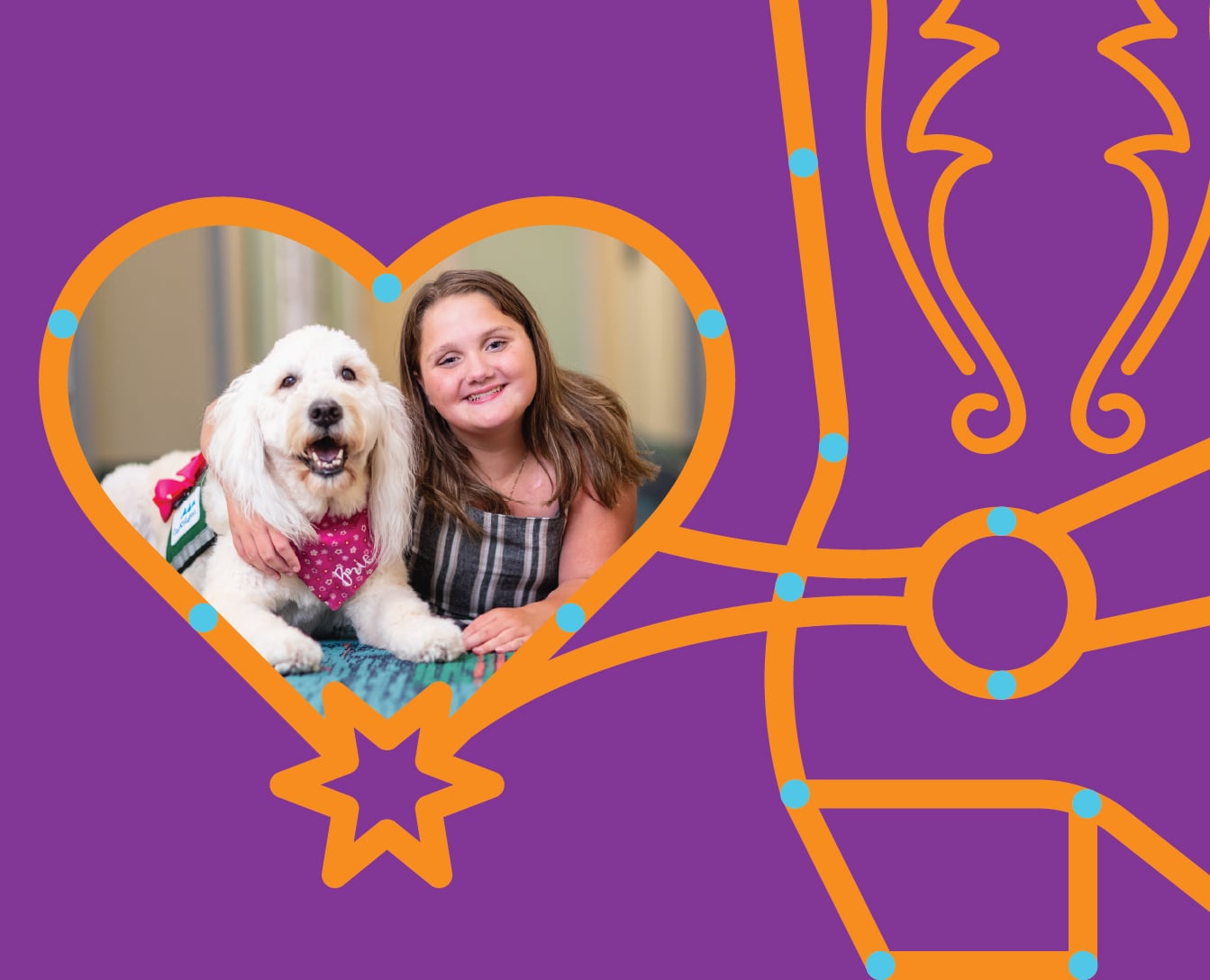 Purple background, with in image of a boot with a heart shaped spur. In the spur is the image of a patient and one of the facility dogs.